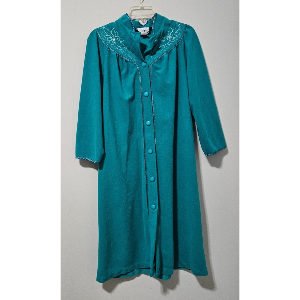 Apostrophe Sears Vintage Teal Blue‎ Fleece Robe Floral Embroidery Button Front L